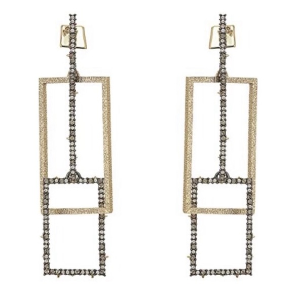 ALEXIS BITTAR • Gold & Gunmetal Brutalist Steampunk Link Crystal Drop Earrings - Picture 4 of 7
